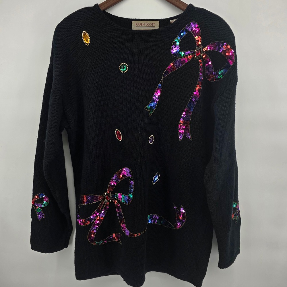 Karen Scott Womens Black Sequin Bow‎ Gem Embellished Knit Sweater Size Large